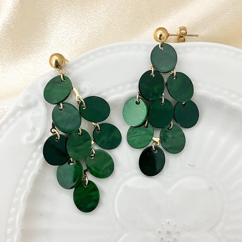 Wholesale Natural Shell Hand-stitched Dark Green Disc Mesh Tassel Earrings